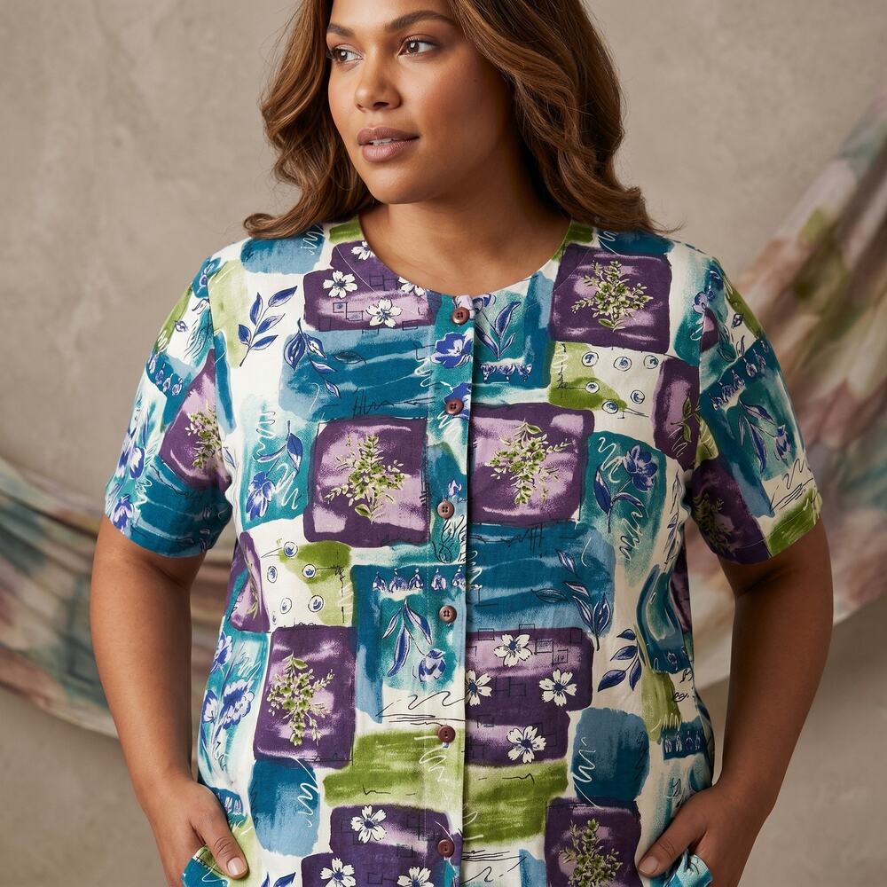 Blairsport Women's Blouse Short Sleeve Button Front Artsy Floral Vintage 2X